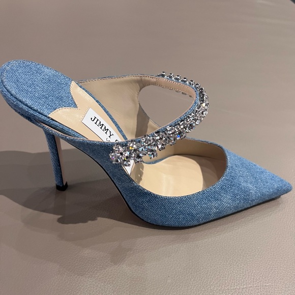 Jimmy Choo Bing 100 Crystal Embellished Strap Denim Mule Heels - Picture 2 of 6